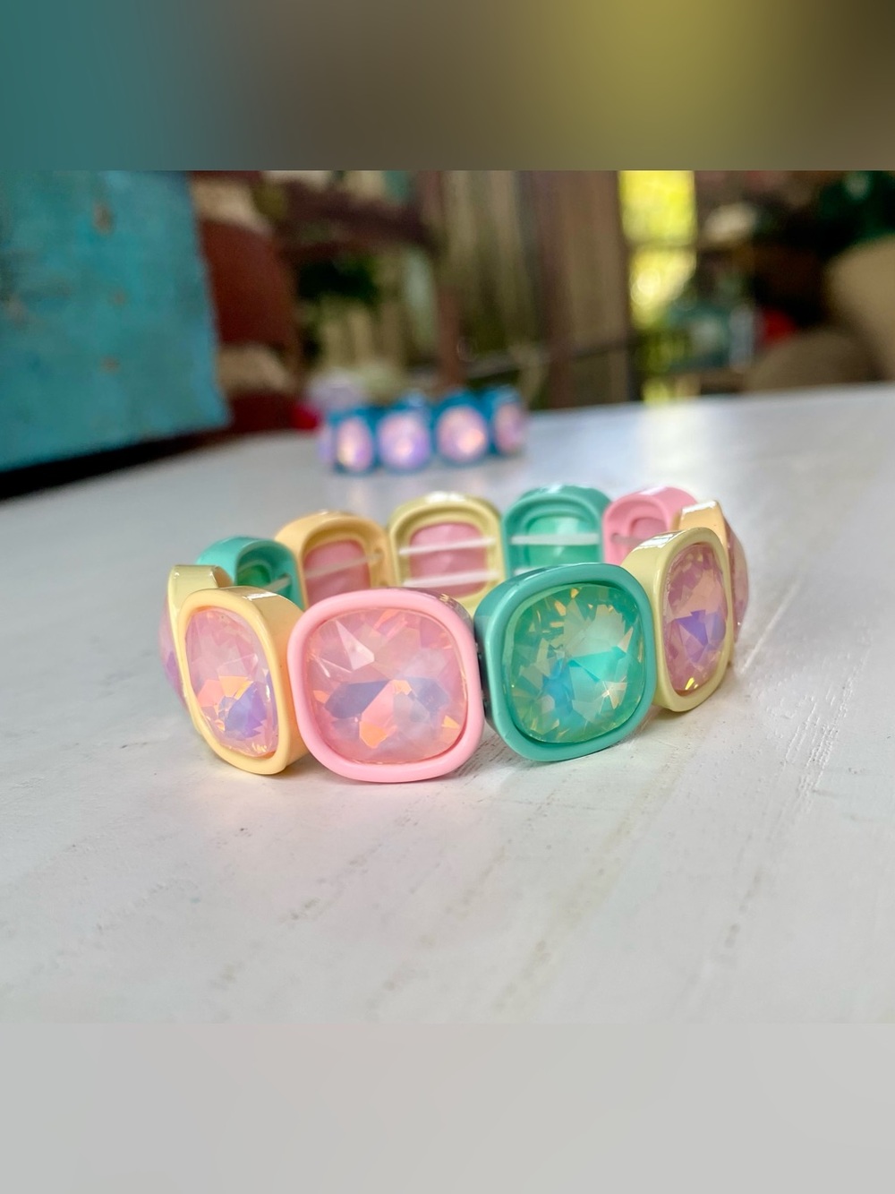 Stretchy Chunky Gemstone Bracelet in Pastel Pink, Green, + Yellow